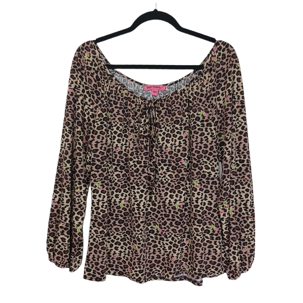 BETSEY JOHNSON Leopard Animal Print Floral Print Peasant Long Sleeve Top Large - Picture 1 of 7